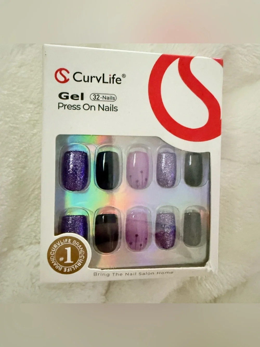 New Curvlife Press On Nails - Purple & Black Glitter Short Squoval Cosmic Dust